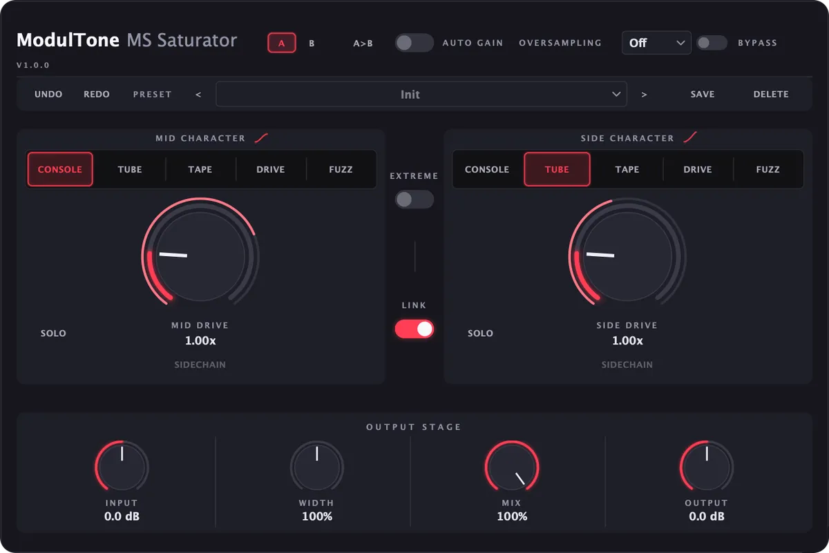 MS Saturator plugin interface, showing the mid and side character mode selectors and drive controls